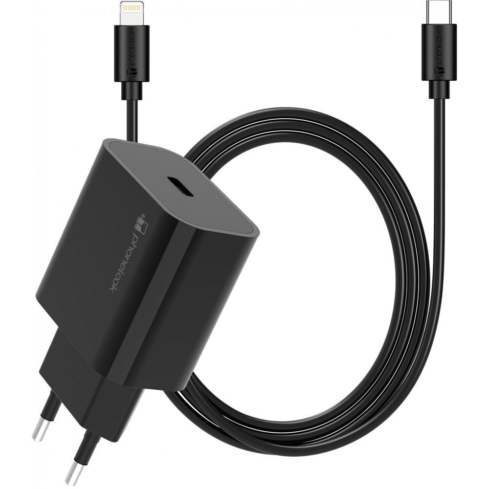 Chargeur USB-C 20W avec câble de charge USB-C vers Lightning (iPhone) de 1 m - Noir