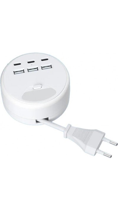 Chargeur USB 6 ports (3 USB-A + 3 USB-C) avec câble extensible (1.2 m) et lumière LED intégrée - Blanc
