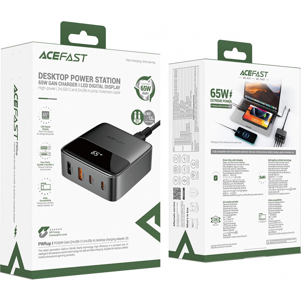 Acefast Z6 65W GaN Netzladegerät (2x USB-A / 2x USB-C) PD - Schwarz