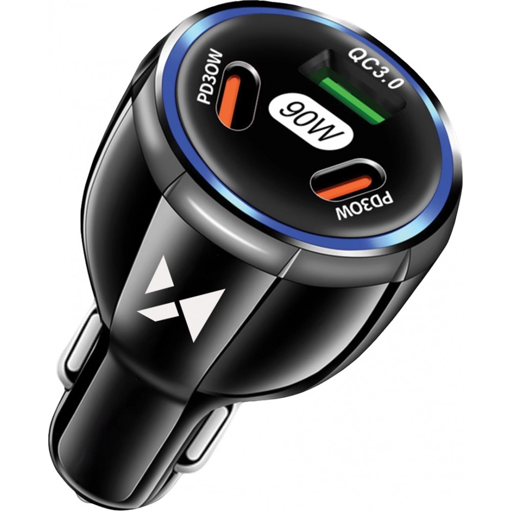 Wozinsky 90W PD QC Auto Ladegerät Zigarettenanzünder Car Charger 2x USB-C / 1x USB-A Schnellladegerät - Schwarz