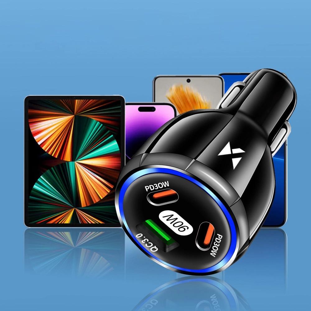 Wozinsky 90W PD QC Auto Ladegerät Zigarettenanzünder Car Charger 2x USB-C / 1x USB-A Schnellladegerät - Schwarz