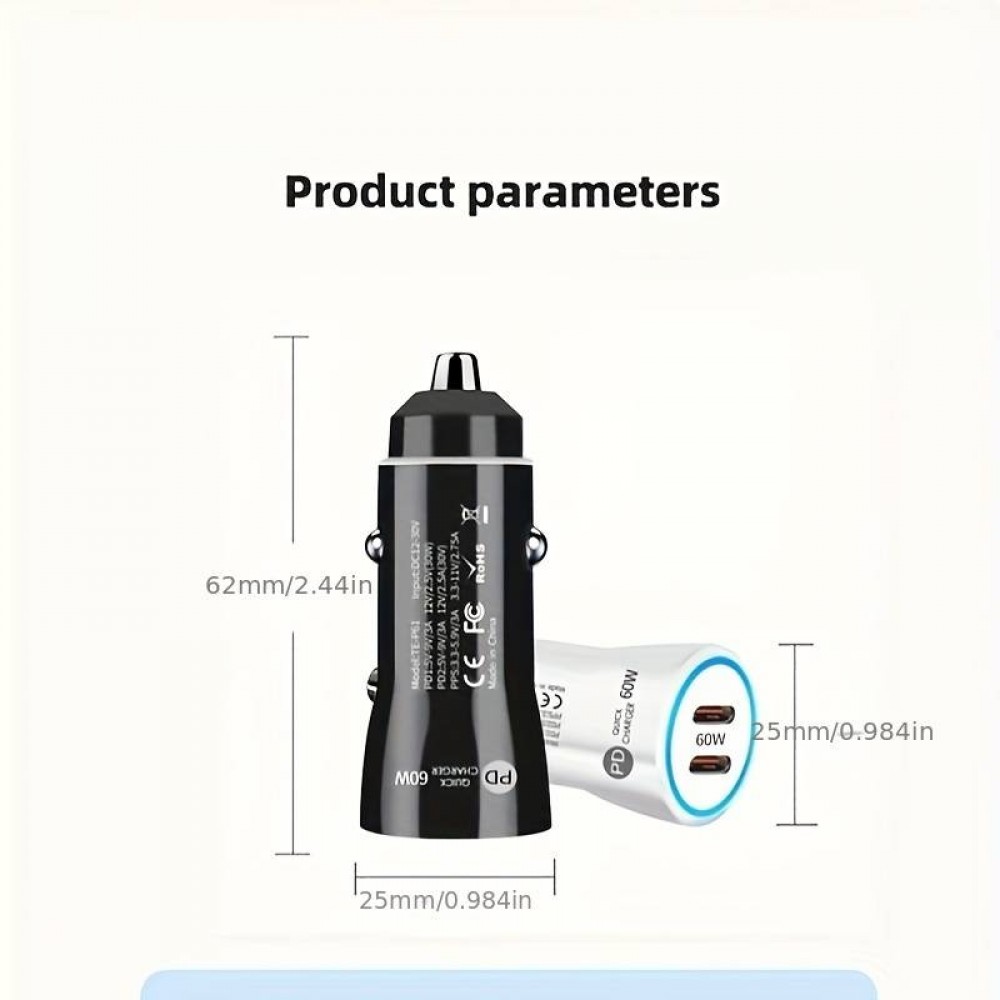 Ladeadapter Zigarettenanzünder 60W Doppel USB-C Ladegerät PD 3.0 Power Delivery - Schwarz