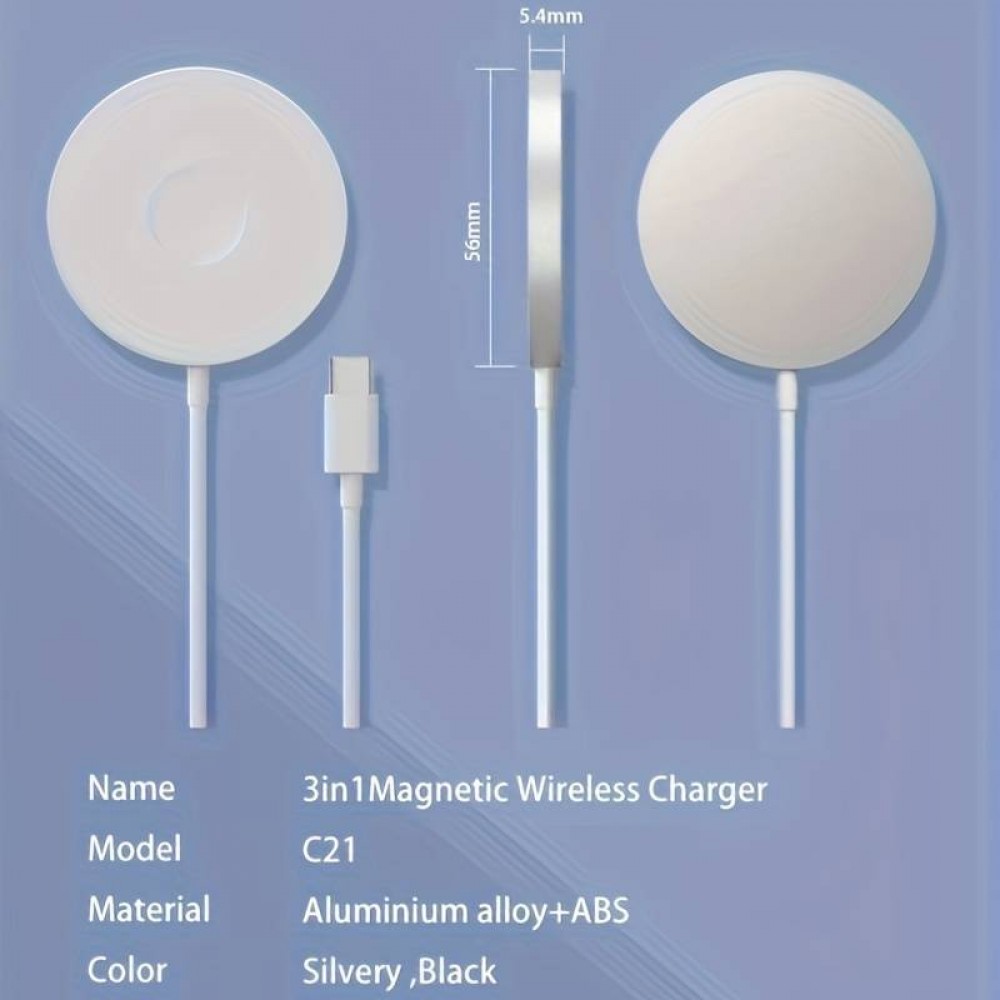 Magnetisches Qi Ladegerät MagSafe 3 in1 wireless charging für iPhone / Apple Watch / AirPods & USB-C - Schwarz