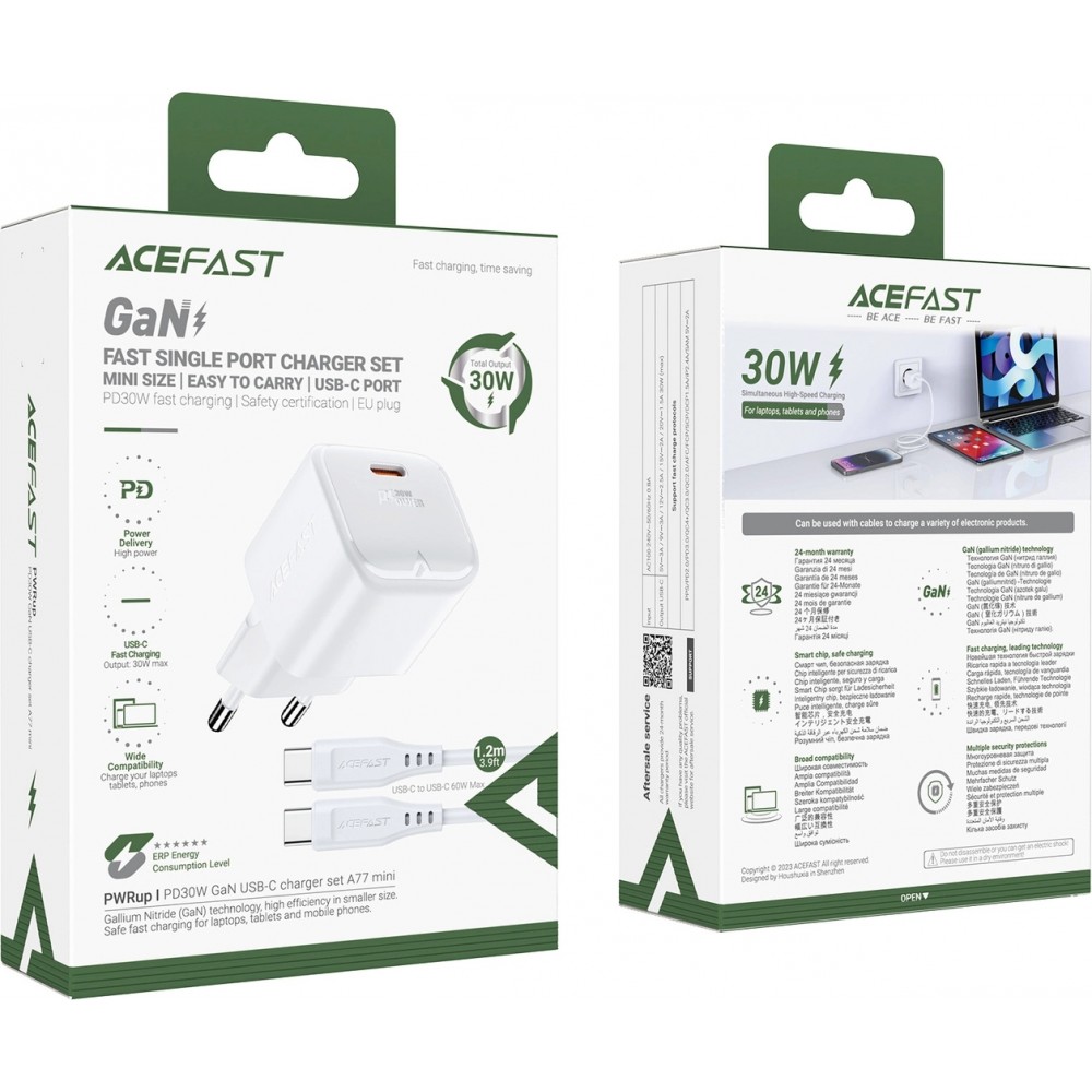 Chargeur mural Acefast A77 Mini PD 30W GaN avec câble USB-C - Blanc