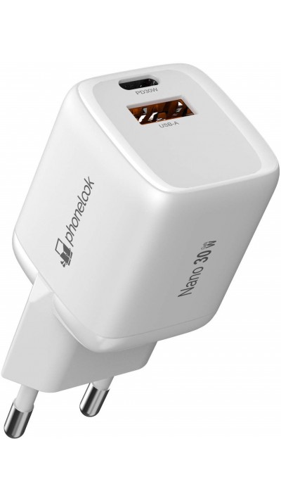 Chargeur puissant secteur Nano 30W USB-A et USB-C avec Power Delivery PhoneLook - Blanc