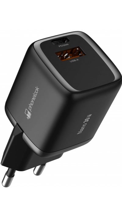Chargeur puissant secteur Nano 30W USB-A et USB-C avec Power Delivery PhoneLook - Noir