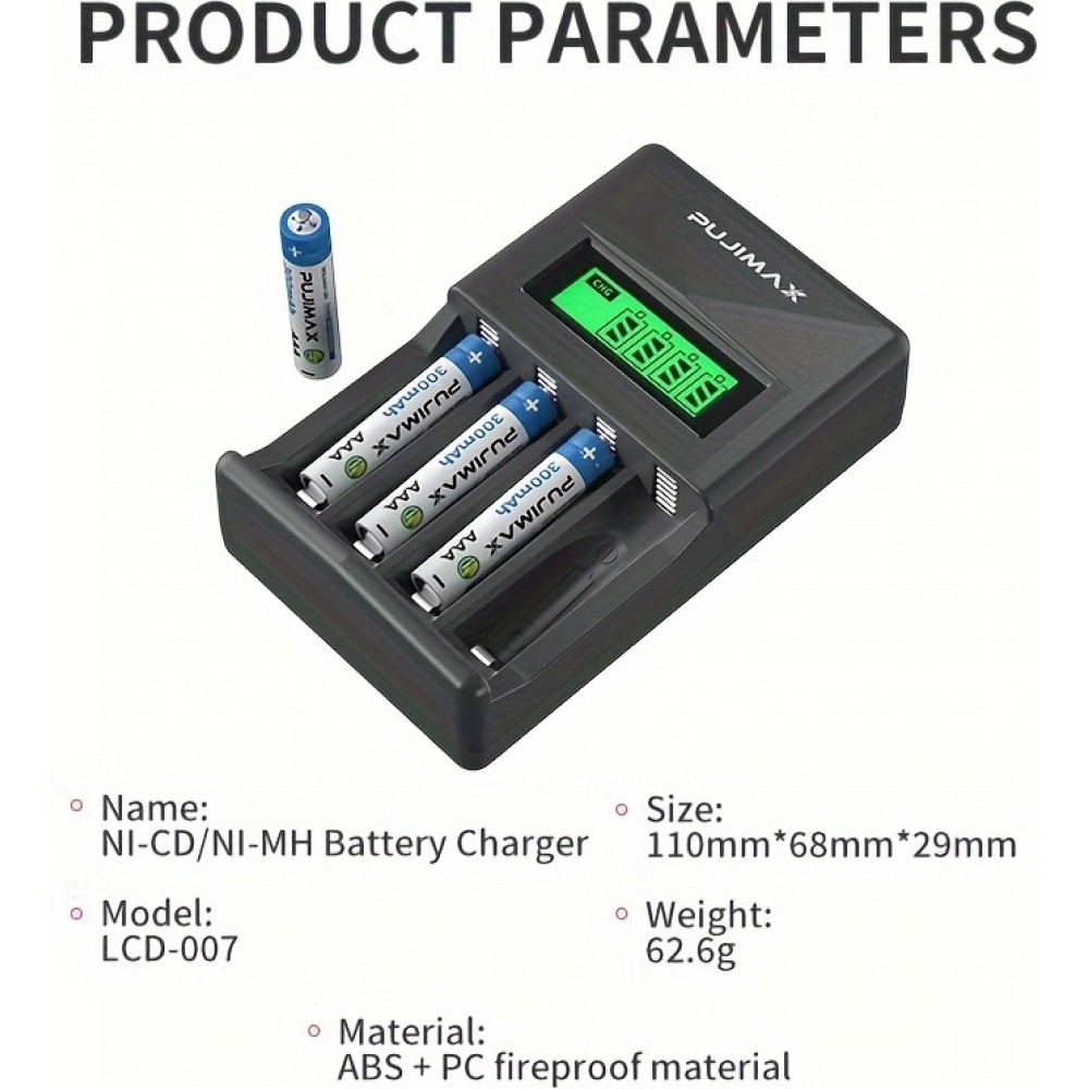 Chargeur rapide 4 emplacements avec écran LCD pour piles AA/AAA - Noir