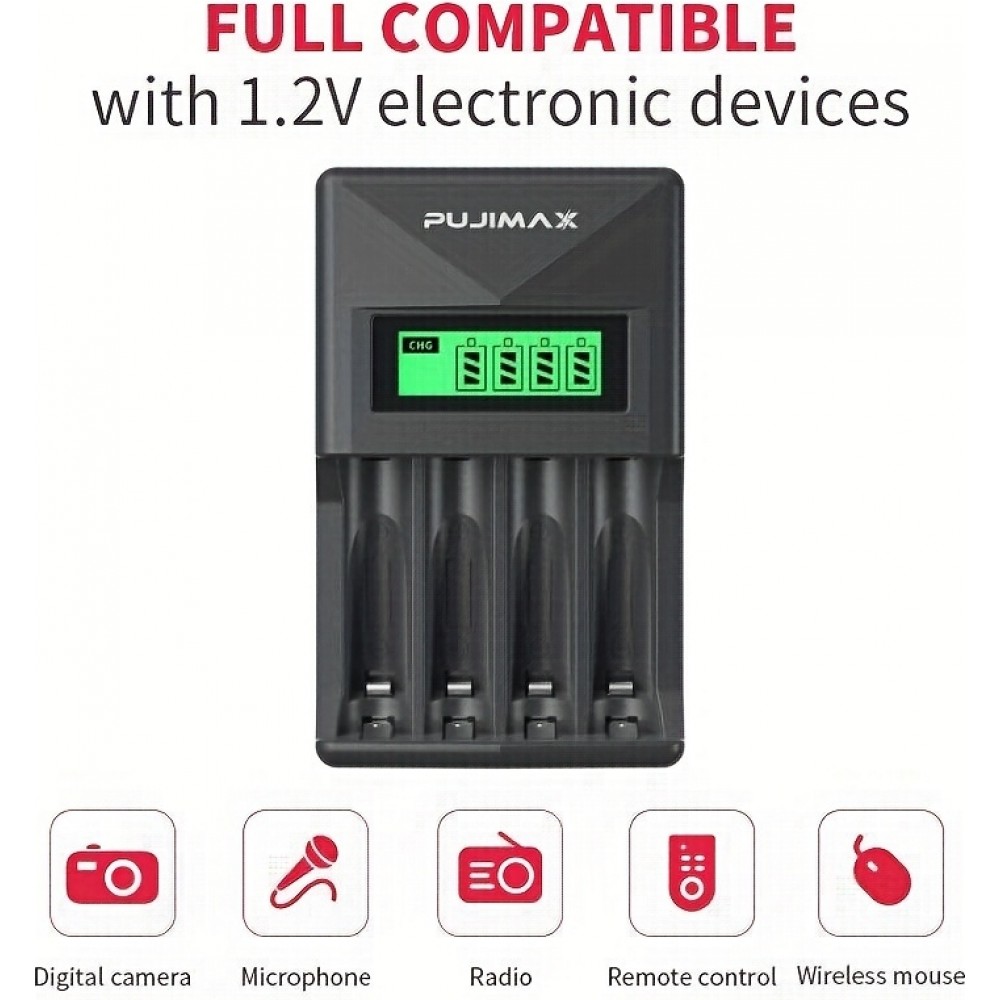 Chargeur rapide 4 emplacements avec écran LCD pour piles AA/AAA - Noir