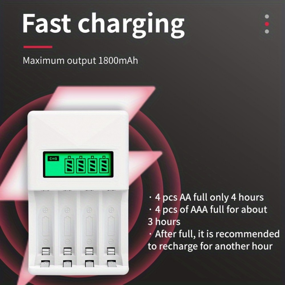 Chargeur rapide 4 emplacements avec écran LCD pour piles AA/AAA - Noir