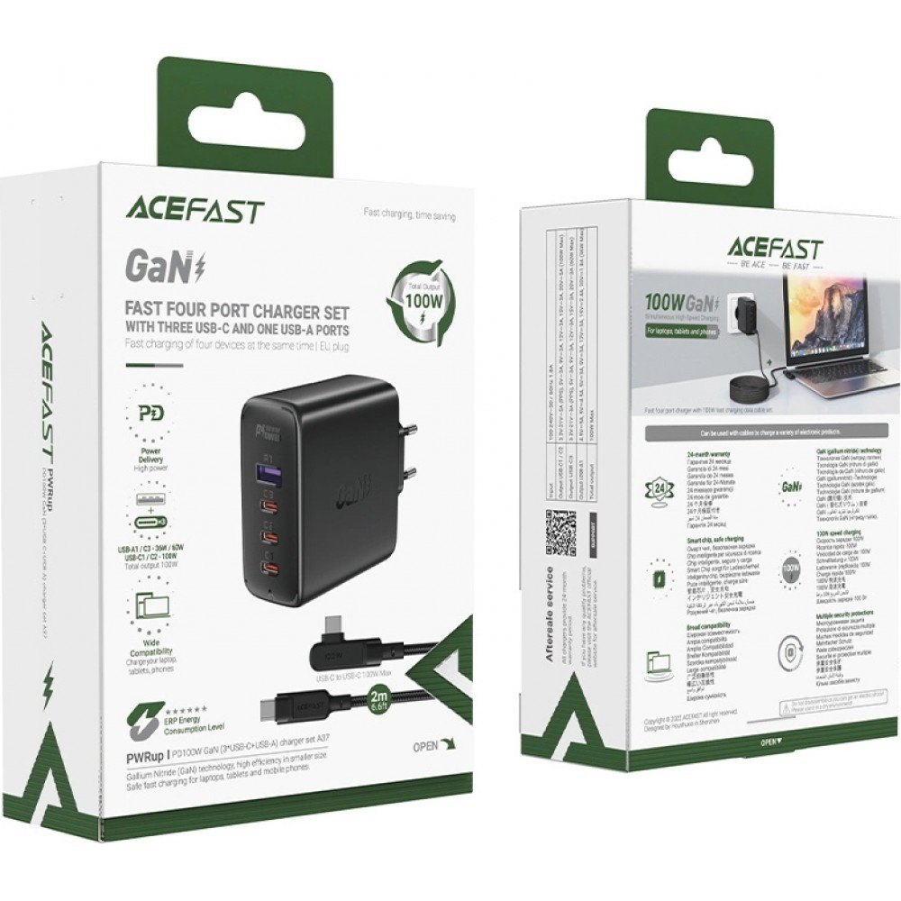 Chargeur rapide Acefast 100W GaN (3x USB-C / 1x USB-A) avec câble anglé USB-C 100W (2 m) - Noir