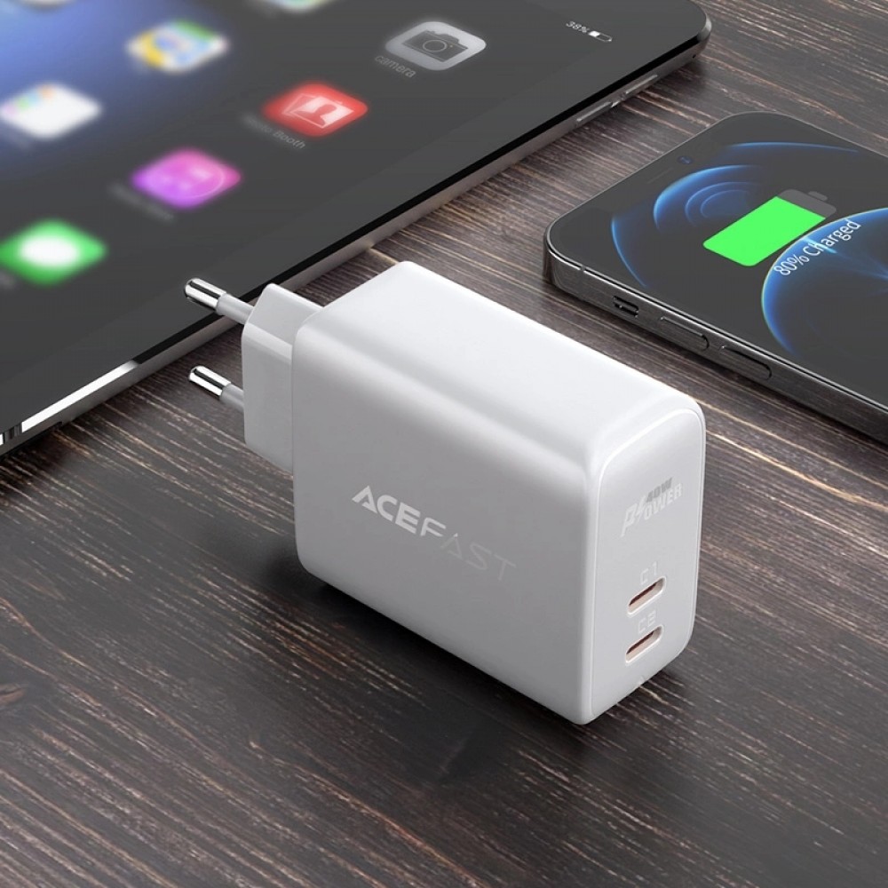 Schnellladegerät Acefast 40W 2x USB-C PPS PD QC 3.0 AFC FCP - Weiss