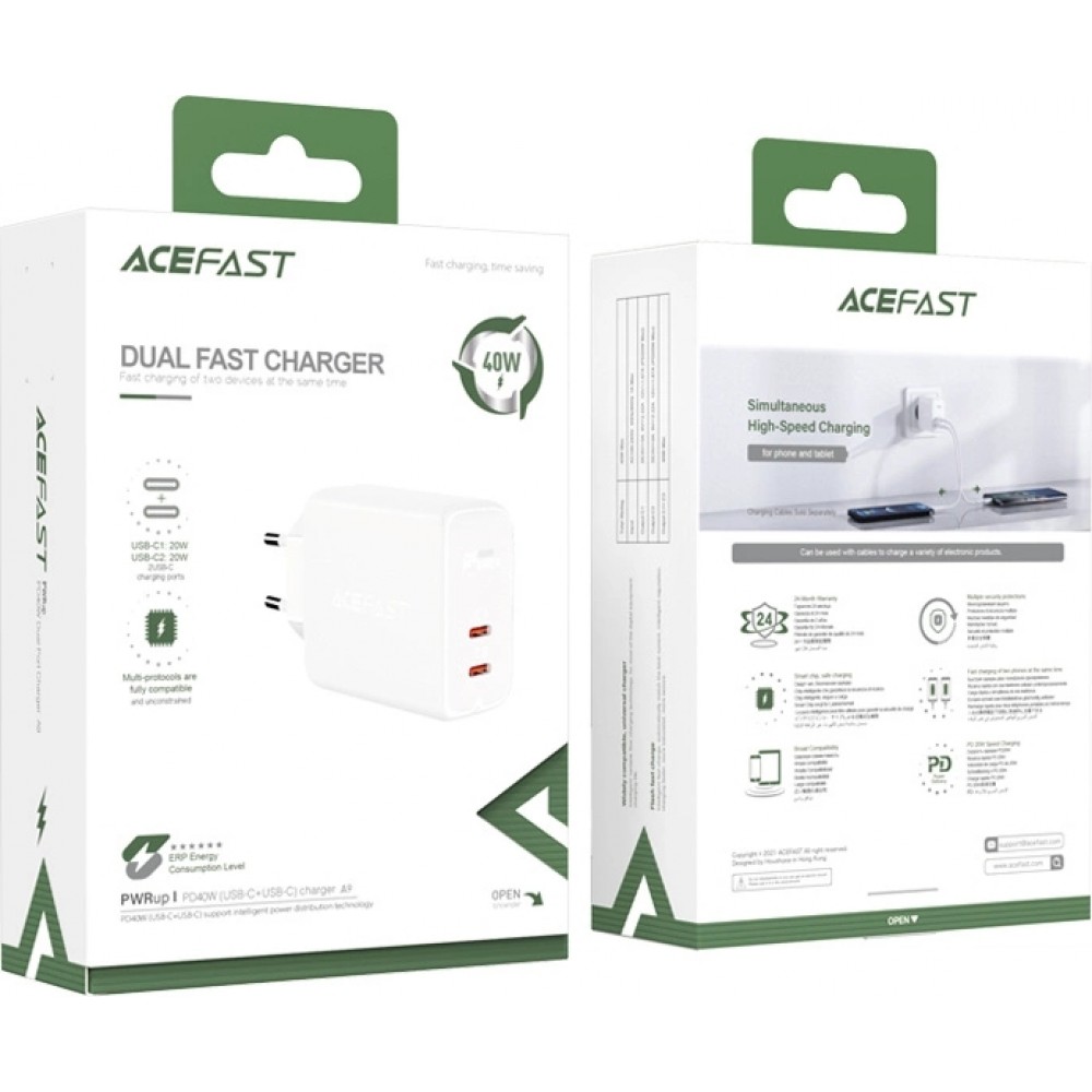 Schnellladegerät Acefast 40W 2x USB-C PPS PD QC 3.0 AFC FCP - Weiss