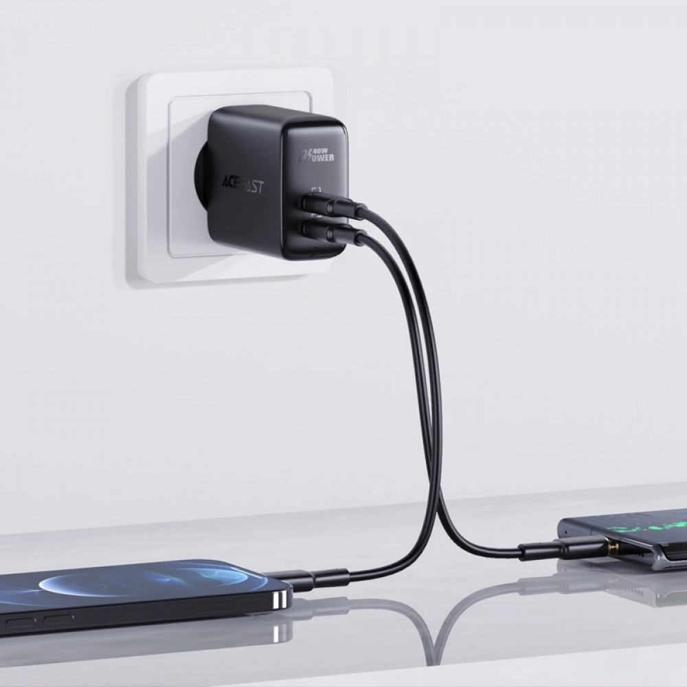 Schnellladegerät Acefast 40W 2x USB-C PPS PD QC 3.0 AFC FCP - Schwarz