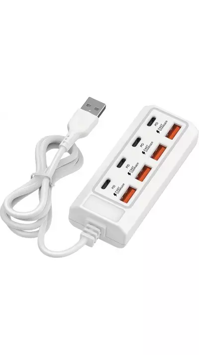 Chargeur rapide hub 8 ports USB (4x USB-A / 4x USB-C) 25W pour téléphone portable et tablette multi-appareils - Blanc