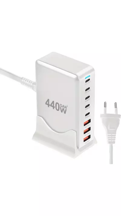 Chargeur rapide multi-port 440W GaN avec indicateurs LED 8 en 1 USB-C/USB-A prise CH/EU - Blanc