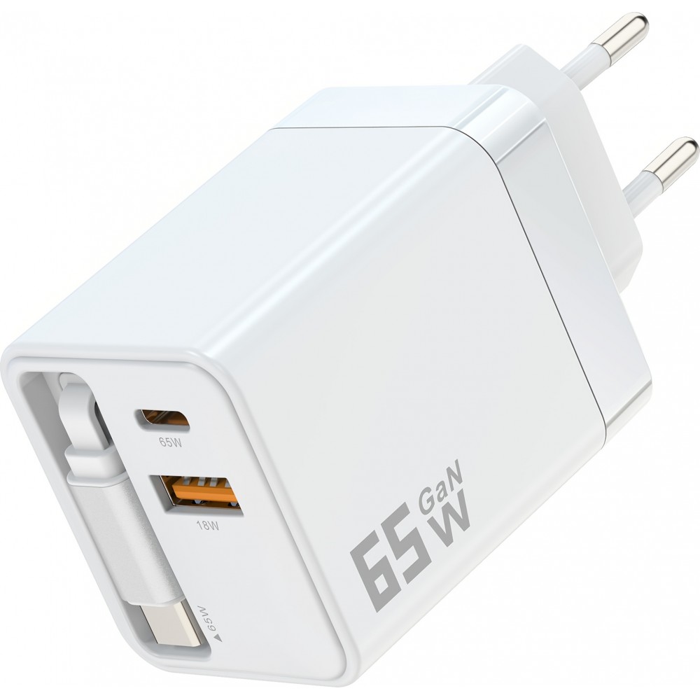 Chargeur rapide multiports PD 65W avec câble USB-C intégré - Blanc