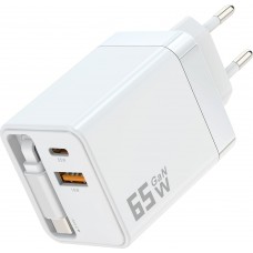 Chargeur rapide multiports PD 65W avec câble USB-C intégré - Blanc