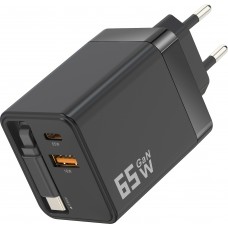 Chargeur rapide multiports PD 65W avec câble USB-C intégré - Noir