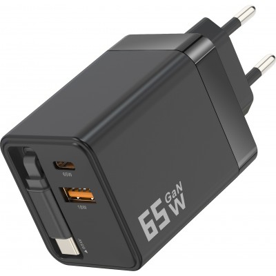 Chargeur rapide multiports PD 65W avec câble USB-C intégré - Noir