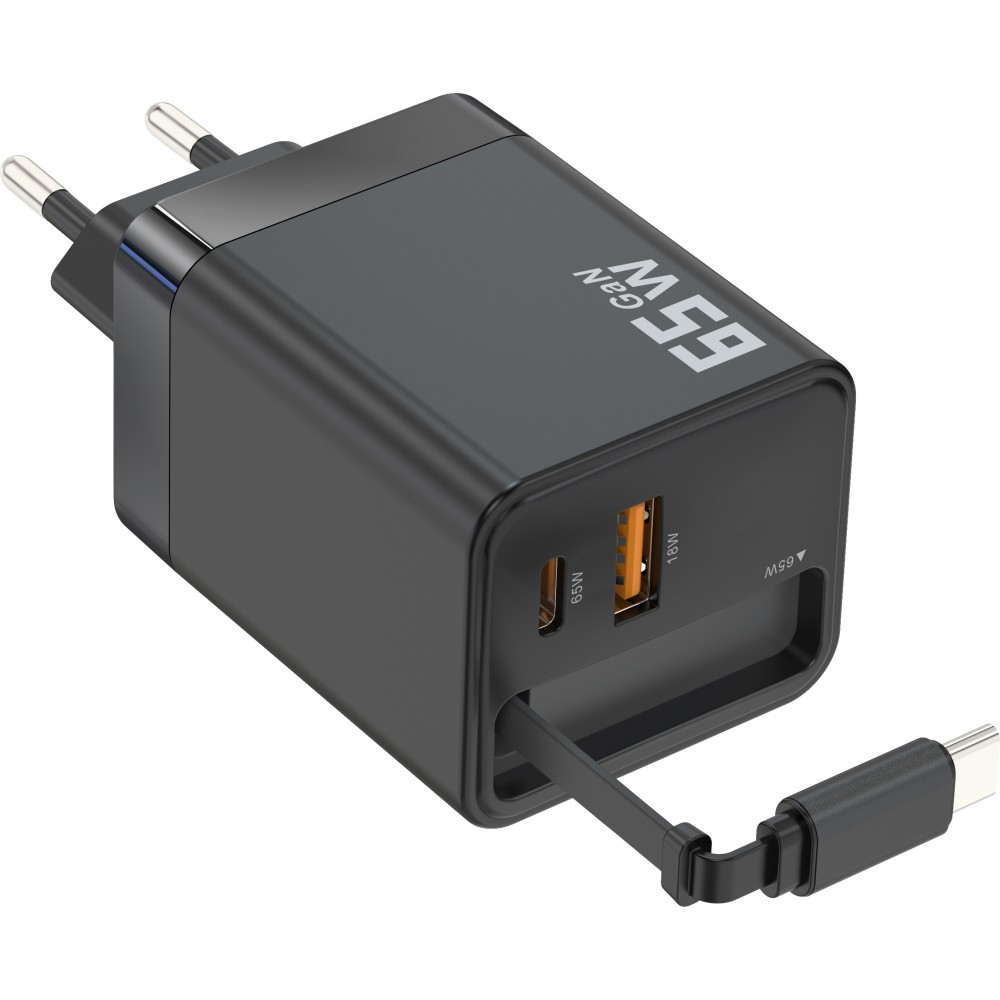 Chargeur rapide multiports PD 65W avec câble USB-C intégré - Noir