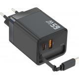 Chargeur rapide multiports PD 65W avec câble USB-C intégré - Noir