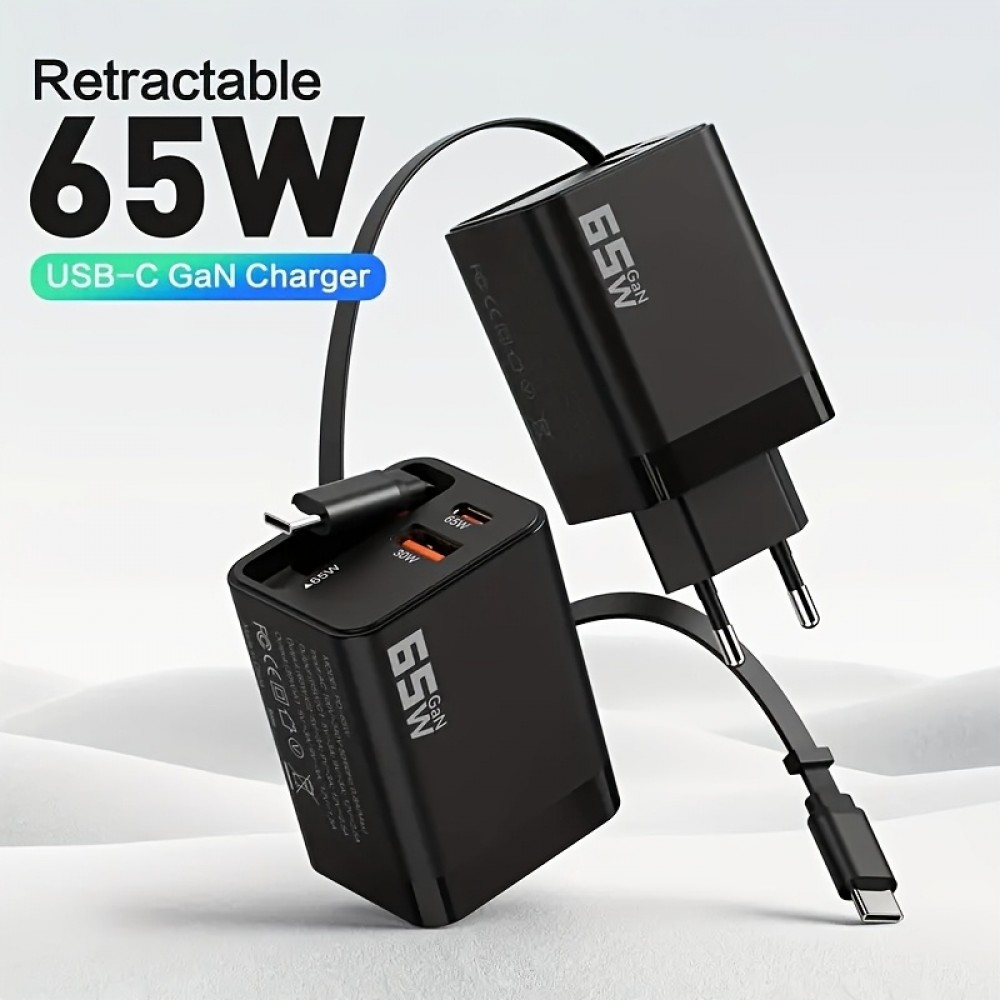Chargeur rapide multiports PD 65W avec câble USB-C intégré - Noir