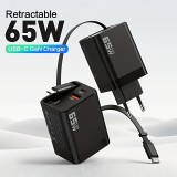 Chargeur rapide multiports PD 65W avec câble USB-C intégré - Noir