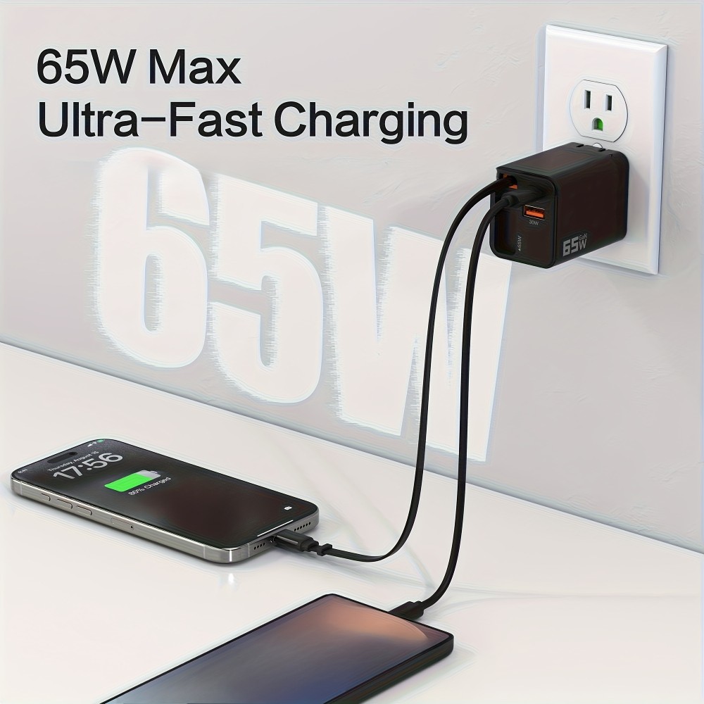 Chargeur rapide multiports PD 65W avec câble USB-C intégré - Noir