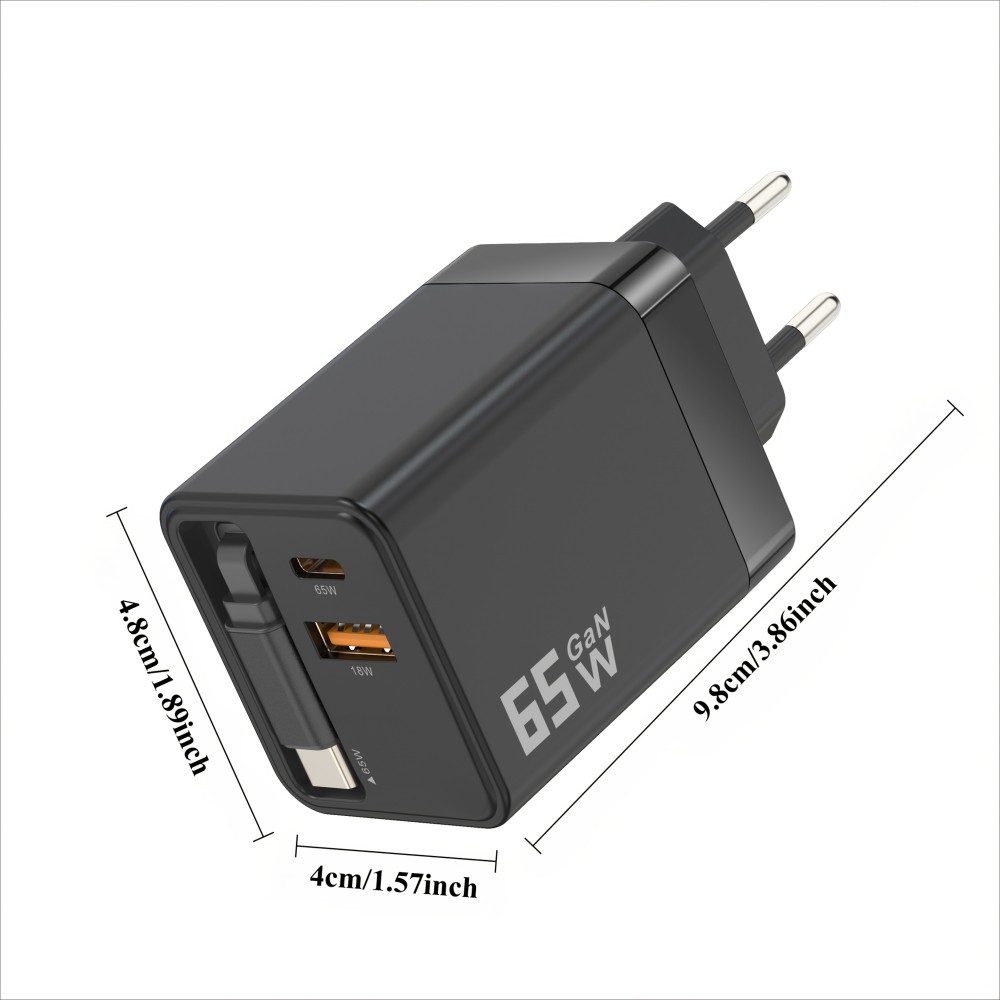 Chargeur rapide multiports PD 65W avec câble USB-C intégré - Noir