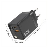 Chargeur rapide multiports PD 65W avec câble USB-C intégré - Noir