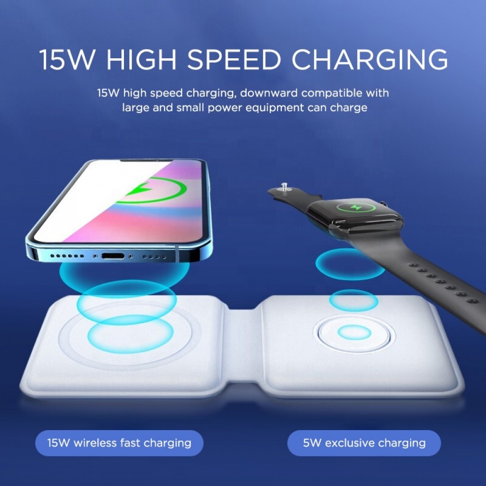 Chargeur sans fil 15W pliable 3 en 1 pour iPhone, AirPods & Apple Watch - Bleu clair