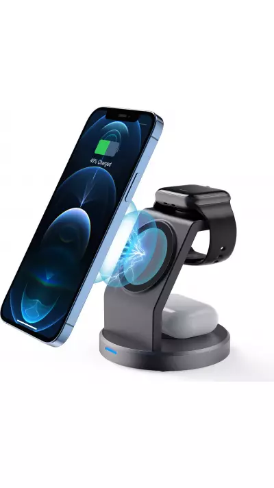 Chargeur sans fil magnétique 15W station de charge rapide sans fil 3-en-1 pour iPhone, Apple Warch, AirPods - Noir