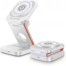 3-in-1 15W Magnetischer Kabelloser Ladegerät mit Faltbarem Ständer für iPhone / Apple Watch / AirPods und USB-C Anschluss - Weiss