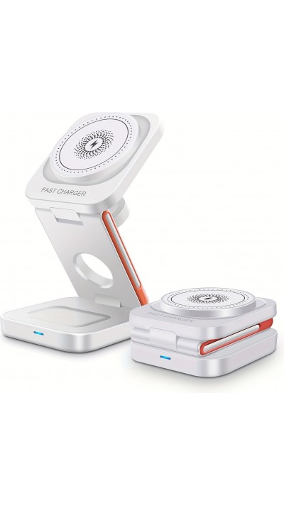 Chargeur sans fil magnétique 3 en 1 15W support pliable pour iPhone / Apple Watch / AirPods avec port USB-C - Blanc