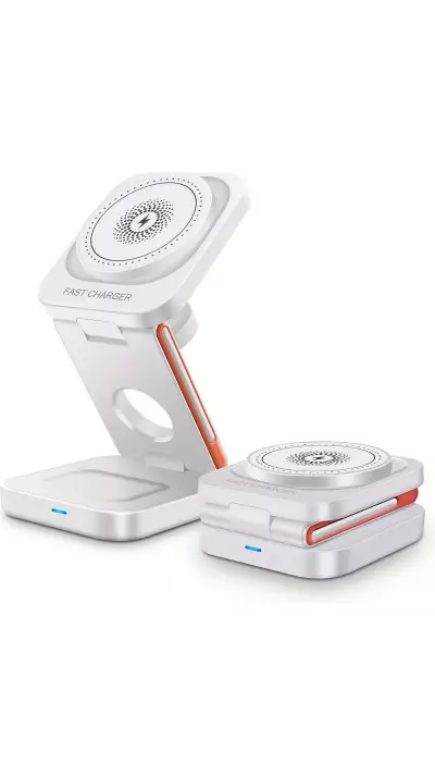 3-in-1 15W Magnetischer Kabelloser Ladeger&auml;t mit Faltbarem St&auml;nder f&uuml;r iPhone / Apple Watch / AirPods und USB-C Anschluss - Weiss