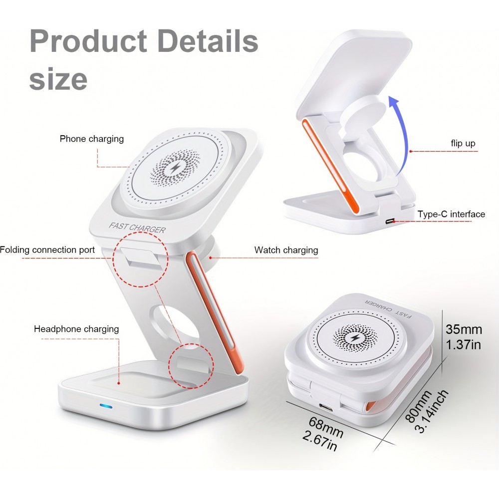 Chargeur sans fil magnétique 3 en 1 15W support pliable pour iPhone / Apple Watch / AirPods avec port USB-C - Blanc