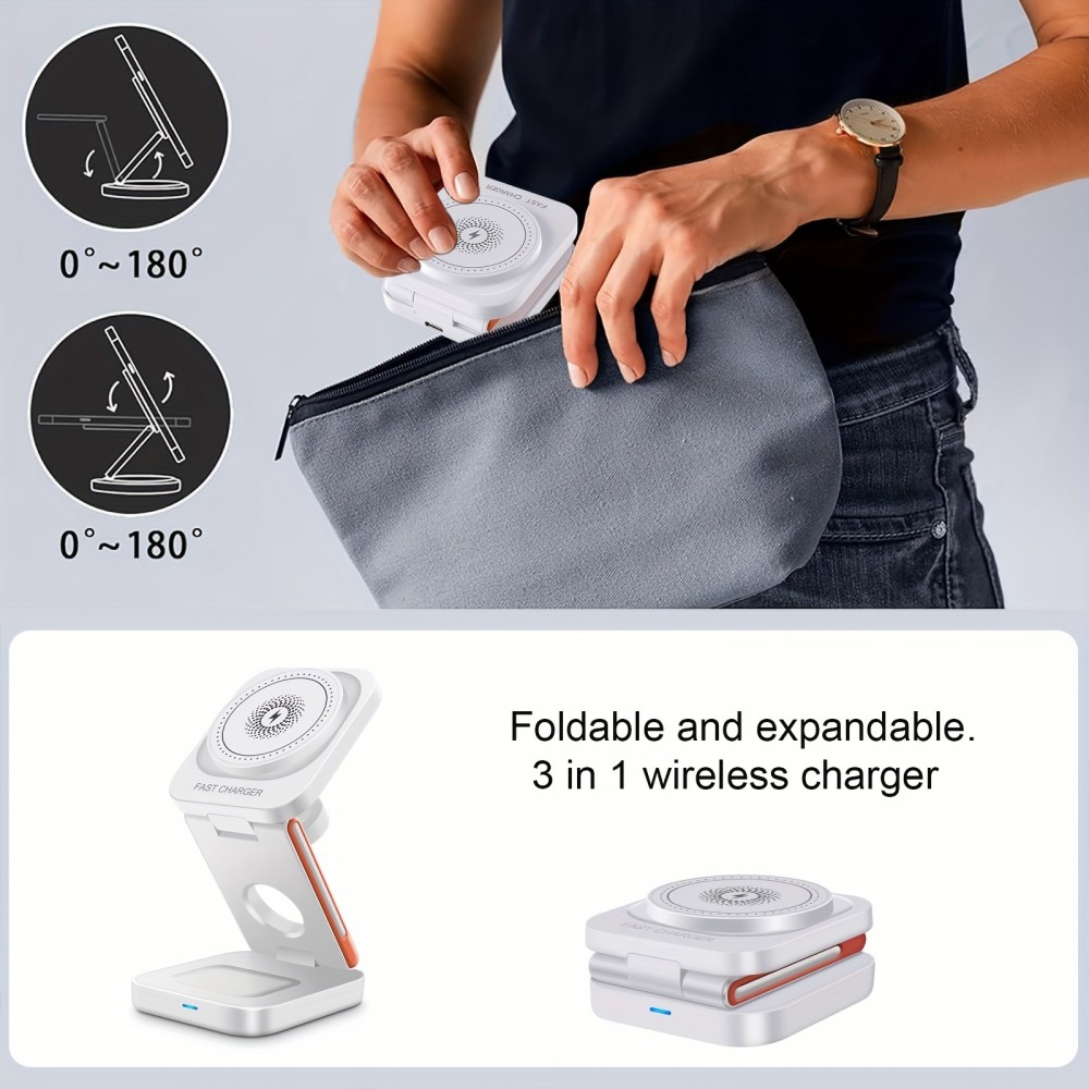 Chargeur sans fil magnétique 3 en 1 15W support pliable pour iPhone / Apple Watch / AirPods avec port USB-C - Blanc