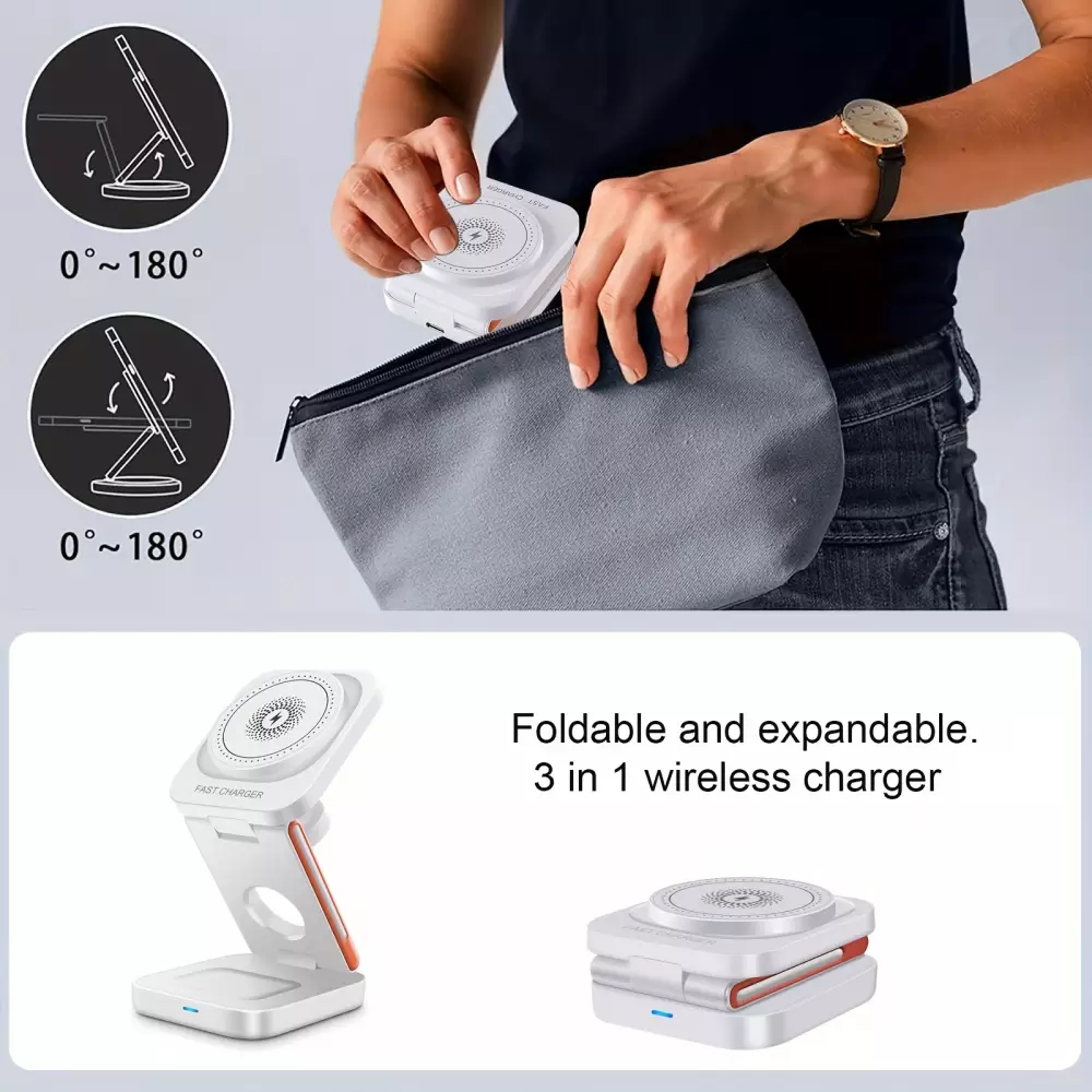 3-in-1 15W Magnetischer Kabelloser Ladegerät mit Faltbarem Ständer für iPhone / Apple Watch / AirPods und USB-C Anschluss - Weiss