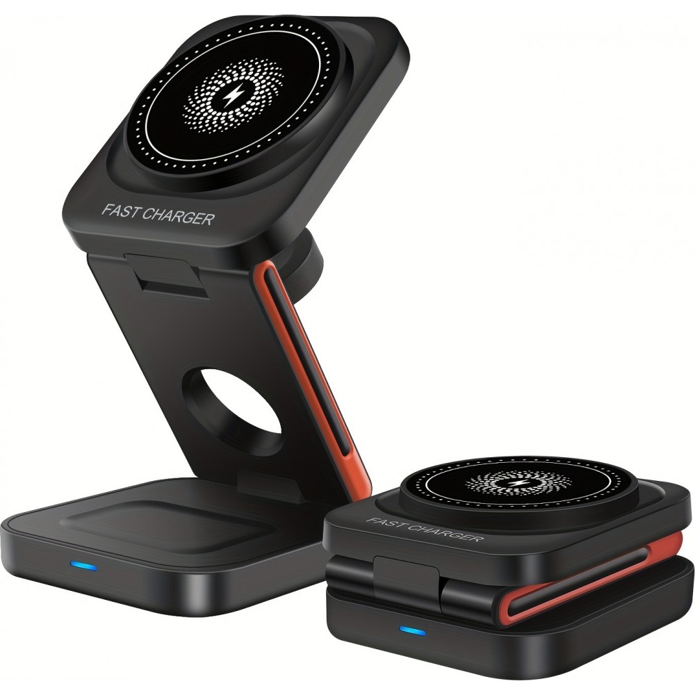 3-in-1 15W Magnetischer Kabelloser Ladegerät mit Faltbarem Ständer für iPhone / Apple Watch / AirPods und USB-C-Anschluss - Schwarz