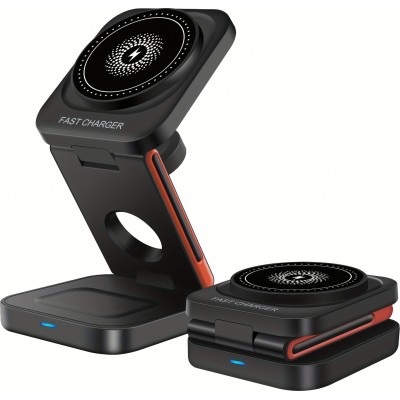 3-in-1 15W Magnetischer Kabelloser Ladegerät mit Faltbarem Ständer für iPhone / Apple Watch / AirPods und USB-C-Anschluss - Schwarz
