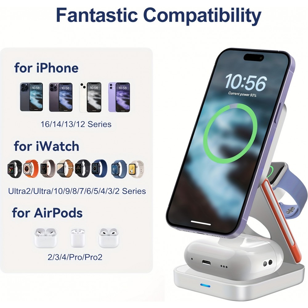3-in-1 15W Magnetischer Kabelloser Ladegerät mit Faltbarem Ständer für iPhone / Apple Watch / AirPods und USB-C-Anschluss - Schwarz