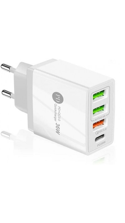 Chargeur secteur 36W PowerDelivery QC3.0 Adaptateur de charge rapide 3x USB-A + 1x USB-C - Blanc