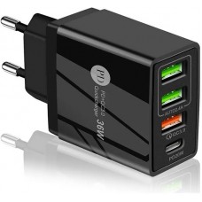 Chargeur secteur 36W PowerDelivery QC3.0 Adaptateur de charge rapide 3x USB-A + 1x USB-C - Noir