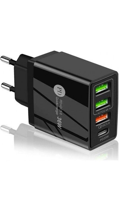Chargeur secteur 36W PowerDelivery QC3.0 Adaptateur de charge rapide 3x USB-A + 1x USB-C - Noir