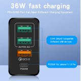 Chargeur secteur 36W PowerDelivery QC3.0 Adaptateur de charge rapide 3x USB-A + 1x USB-C - Noir