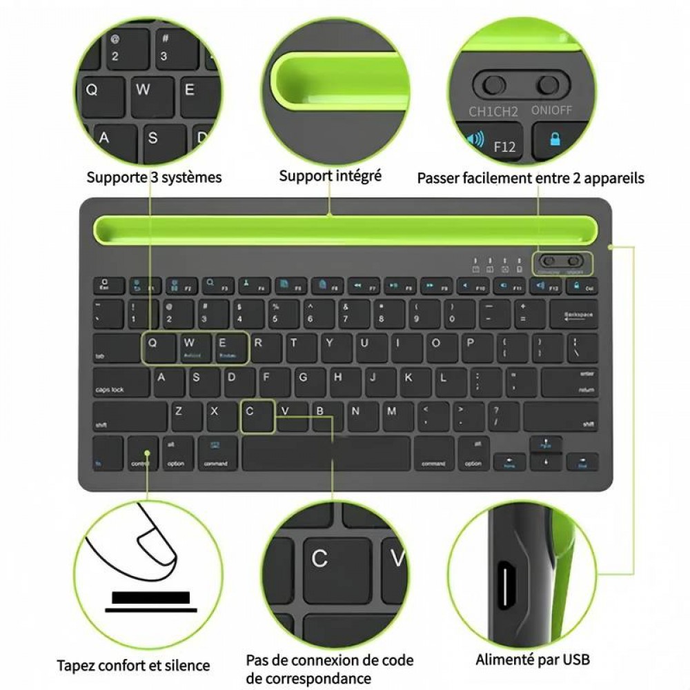 Ultradünne kabellose Bluetooth 3.0 Tastatur Android & iOS aufladbar USB & Multi Verbindungs Switch (QWERTY) - Schwarz