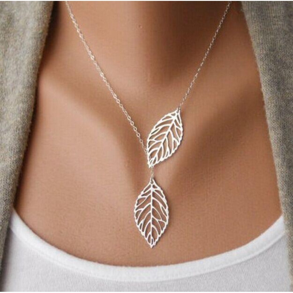 Bijoux noble & beau collier taille universelle - double feuille - Argent