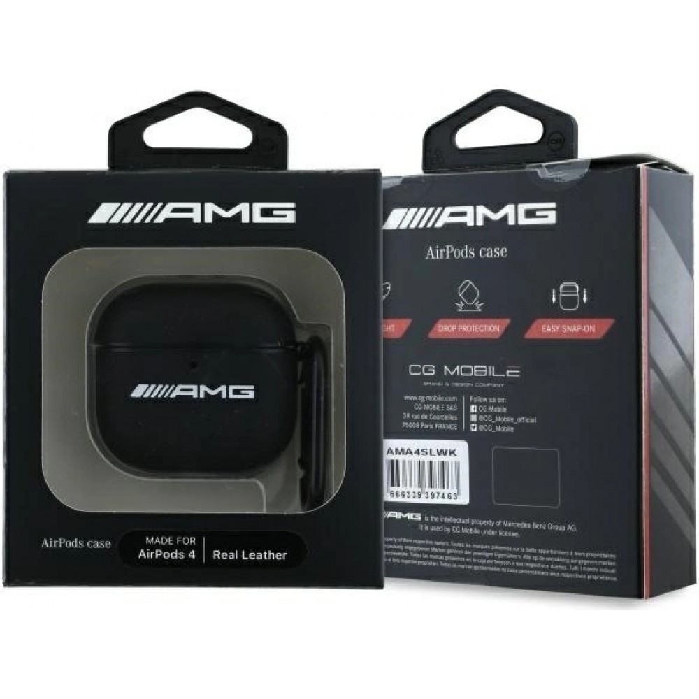 AirPods 4 Case Hülle - AMG Echtes Leder mit integriertem Karabiner - Schwarz