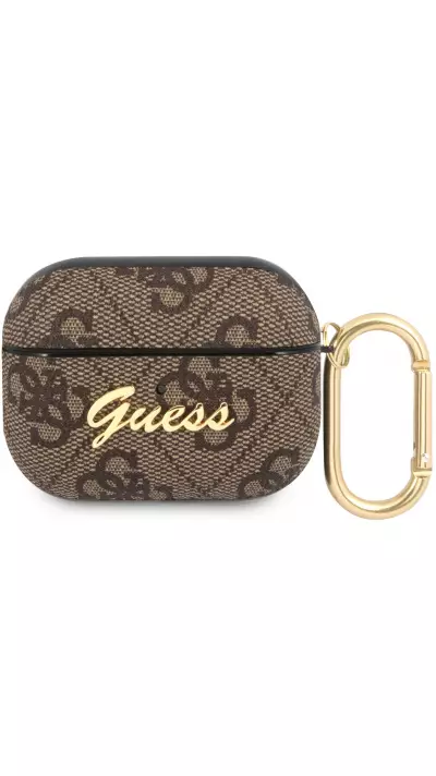 Coque AirPods Pro / Pro 2 - Guess toile similicuir monogramme logo métallique - Brun