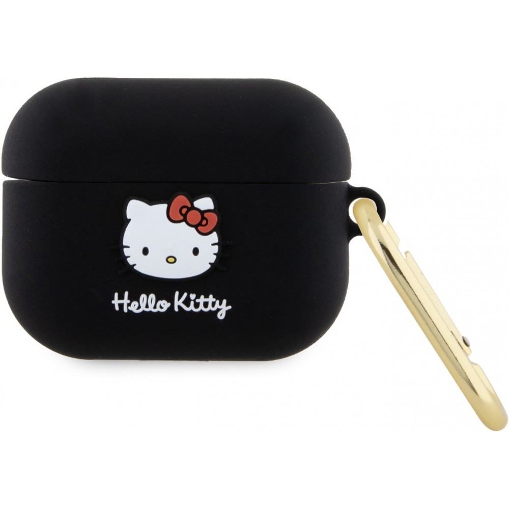 Coque AirPods Pro / Pro 2 - Hello Kitty silicone soft touch avec mousqueton doré intégré et logo en relief - Noir